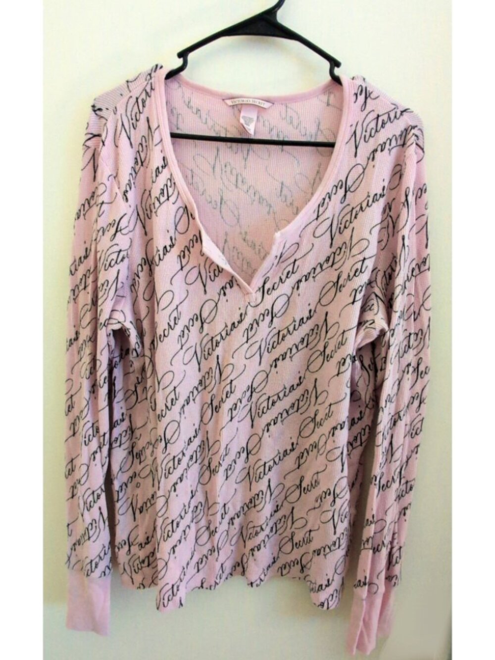 Victoria's Secret Pajama Shirt Thermal Top Long Sleeve Logo Print SIZE XL Cotton